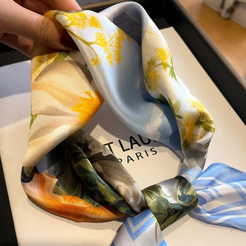 Vintage Floral Print Mulberry Satin Square Scarf Elegant Lightweight Satin Neck Kerchief For Women Accessory