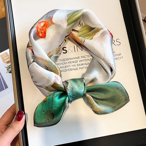 Mulberry Satin Square Scarf Floral Magnolia Print Elegant Neck Scarf Hair Accessory Versatile Headscarf For Women