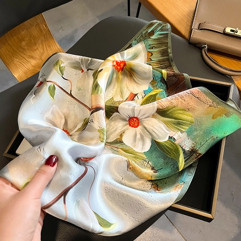 Mulberry Satin Square Scarf Floral Magnolia Print Elegant Neck Scarf Hair Accessory Versatile Headscarf For Women