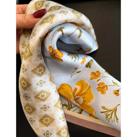 Mulberry Satin Square Scarf Floral Geometric Print Neckerchief For Women Elegant Office Fashion Accessory