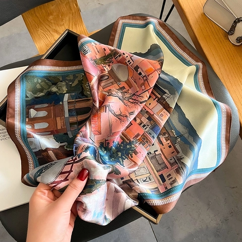 Elegant Square Scarf Mulberry Satin European Town Landscape Print Retro Neck Kerchief Fashion Hair Wrap For Women