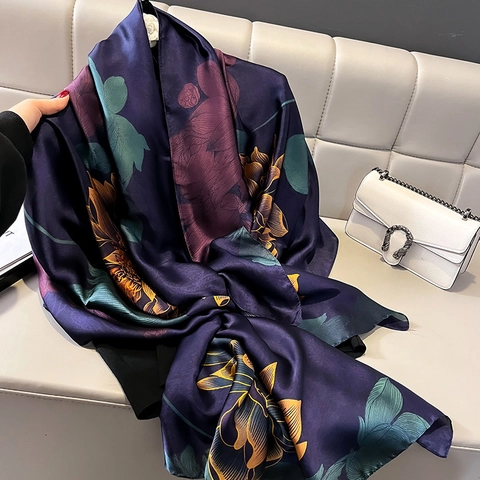 Modischer Schal Mit Blumendruck Eleganter KunstSatin Satin Schal Großer Leichter Wickelschal Für Damen Lotusmuster