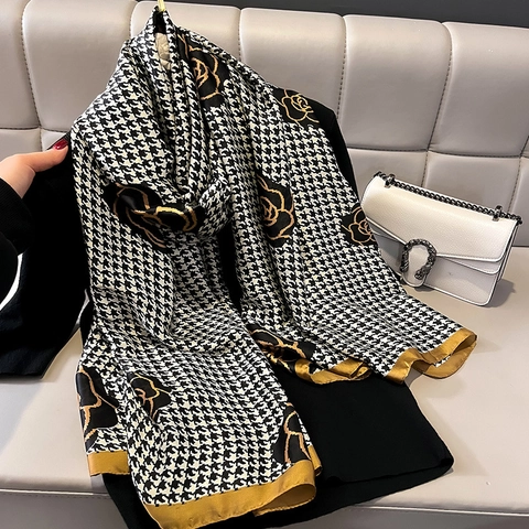 Elegant Faux Satin Scarf Long Satin Shawl Wrap Houndstooth Gold Rose Floral Pattern Vintage French Style Accessory