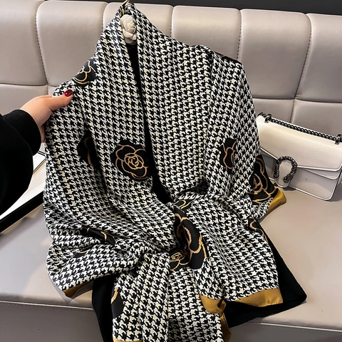 Elegant Faux Satin Scarf Long Satin Shawl Wrap Houndstooth Gold Rose Floral Pattern Vintage French Style Accessory