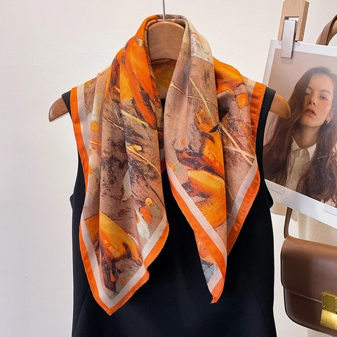 Women Square Scarf Polyester Satin Feeling Floral Butterfly Print Neck Scarf Hair Band French Elegant Shawl Accessory