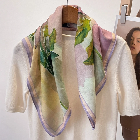 Elegant Floral Print Square Scarf Herringbone Pattern Satin-Like Polyester Neckerchief Fashion Accessory For Women