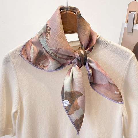 Elegant Floral Print Square Scarf Herringbone Pattern Satin-Like Polyester Neckerchief Fashion Accessory For Women