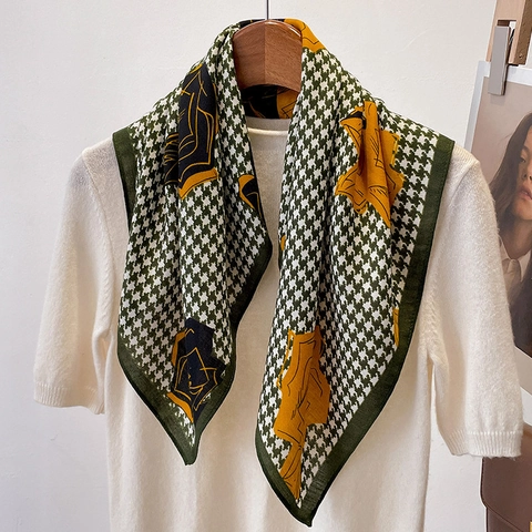 Houndstooth Floral Square Scarf Satin Polyester Satin Like Bandana Elegant Vintage Neck Wrap For Women