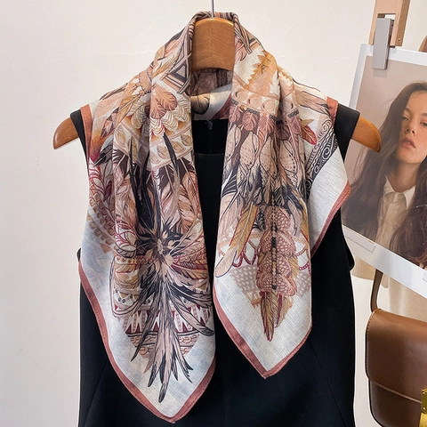 Bohemian Feather Floral Print Square Satin Feeling Scarf Thin Polyester Multifunctional Neck Wrap Fashionable Accessory For Women