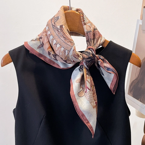 Bohemian Feather Floral Print Square Satin Feeling Scarf Thin Polyester Multifunctional Neck Wrap Fashionable Accessory For Women