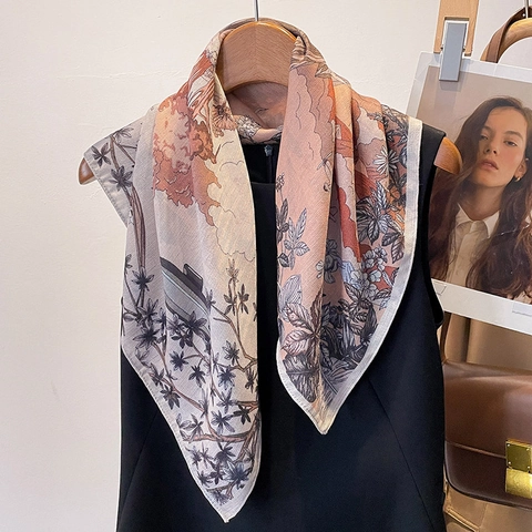 Square Scarf Polyester Satin Floral Botanical Print Vintage Elegant Lightweight Neck Kerchief Fashion Accessory For Women