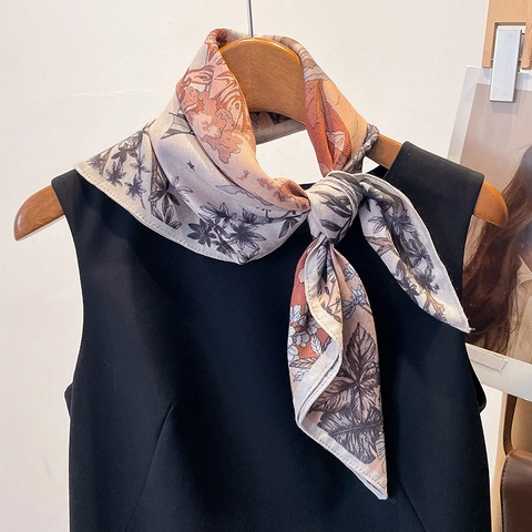 Square Scarf Polyester Satin Floral Botanical Print Vintage Elegant Lightweight Neck Kerchief Fashion Accessory For Women