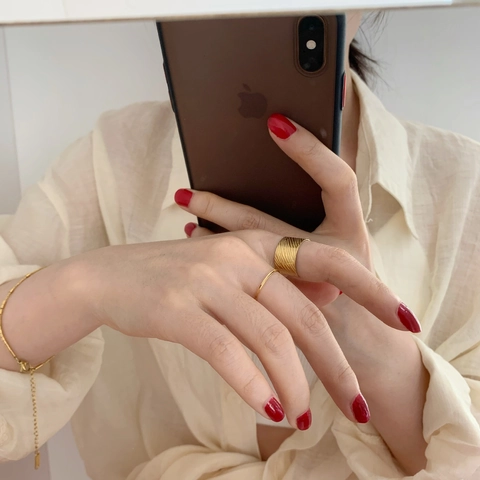 Wide Band Ring Titanium Steel 18K Gold Plated Diagonal Wave Texture Adjustable Open Geometric Minimalist Style For Women