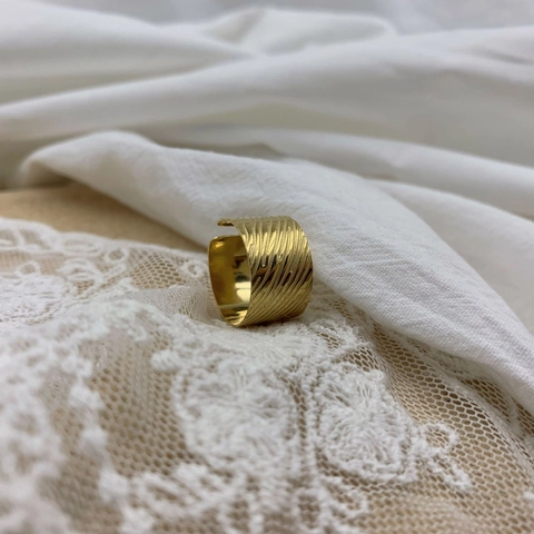 Wide Band Ring Titanium Steel 18K Gold Plated Diagonal Wave Texture Adjustable Open Geometric Minimalist Style For Women