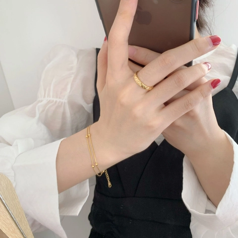Gequilt Patroon Ring Titanium Staal Vintage Golvende Rand Verguld Minimalistische Hoogwaardige Sieraden Voor Dames