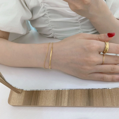 Bracciale Rigido A Doppio Strato Placcato Oro 18K Acciaio Inossidabile Minimalista Catena Geometrica Gioielli Da Donna
