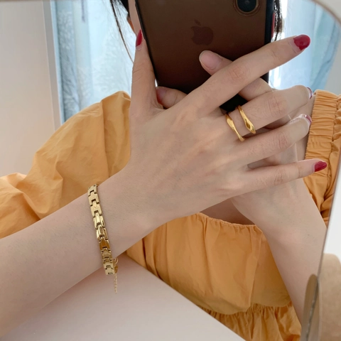 Double Layer Geometric Open Ring Titanium Steel Gold Plated French Minimalist Vintage Jewelry For Women Adjustable