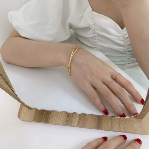 Bracciale Rigido A Doppio Anello Acciaio Inossidabile Minimalista Geometrico Aperto Gioielli Di Moda Per Donna