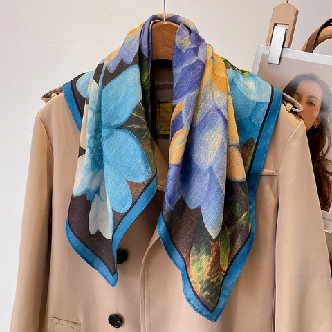 Vintage Floral Print Square Scarf Polyester Satin Feel Neck Kerchief Women Elegant Retro Professional Styling Accessory