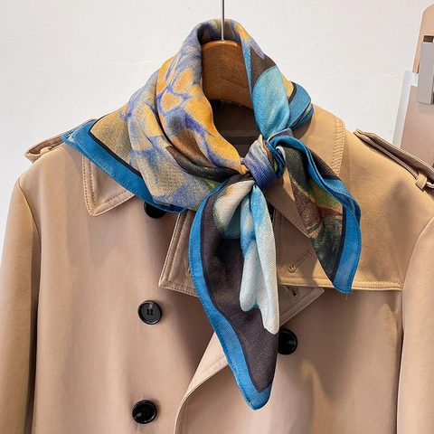 Vintage Floral Print Square Scarf Polyester Satin Feel Neck Kerchief Women Elegant Retro Professional Styling Accessory