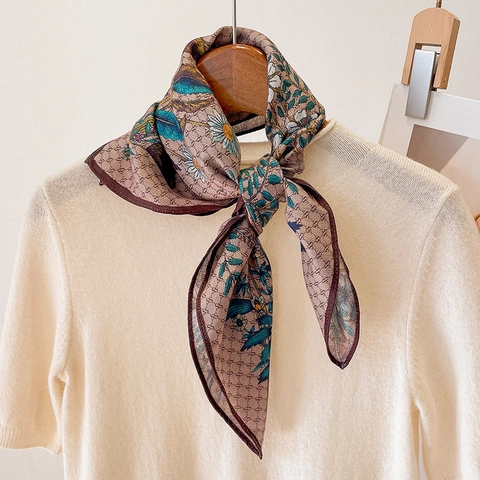 Women Vintage Floral Print Square Scarf Monogram Polyester Headband Neck Wrap Lightweight Versatile Hair Accessory