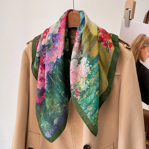 Pañuelo Cuadrado de Satén Artístico con Estampado Floral Pintura al Óleo Bufanda Tacto Seda Vintage Accesorio Elegante para Mujer