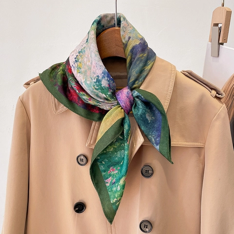Pañuelo Cuadrado de Satén Artístico con Estampado Floral Pintura al Óleo Bufanda Tacto Seda Vintage Accesorio Elegante para Mujer