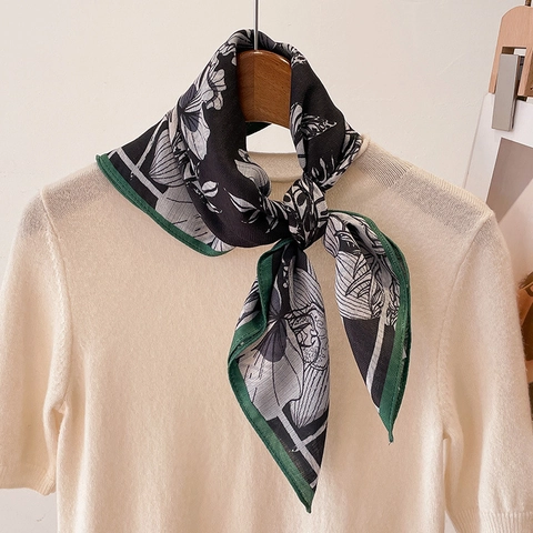 Carré de Soie Vintage Imprimé Botanique Tropical pour Femme Léger Effet Satin Foulard Bordure Verte Bandeau Cheveux Accessoire Mode