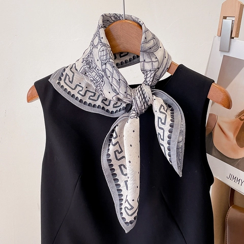Elegant French Retro Square Scarf For Women Polyester Satin Geometric Greek Key Pattern Multi Functional Neck Head Wrap
