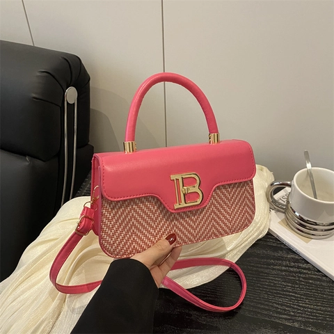 Women Mini Handbag PU Leather Spliced Herringbone Woven Small Square Crossbody Shoulder Bag Gold B Buckle Korean Style
