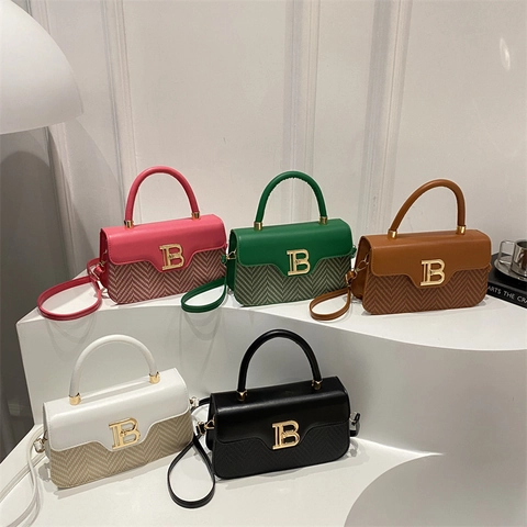 Women Mini Handbag PU Leather Spliced Herringbone Woven Small Square Crossbody Shoulder Bag Gold B Buckle Korean Style