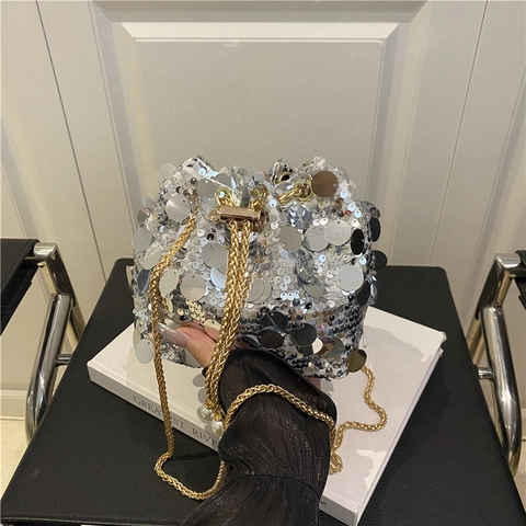 Sequin Bucket Bag Metal Chain Strap Artificial Pearl Drawstring Sparkling Evening Party Crossbody Handbag For Women