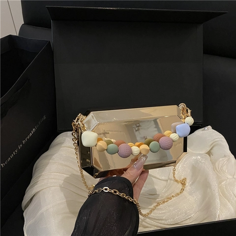 Bolso de Caja Geométrico de Acrílico Mango de Cuentas Cadena de Metal Bolso Bandolera Mujer Moda Efecto Espejo Noche
