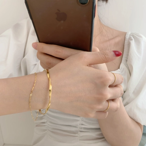 Gedraaide Textuur Roestvrijstalen Open Armring Dubbellaagse Kettingarmband Minimalistische Geometrische Vergulde Sieraden Dames