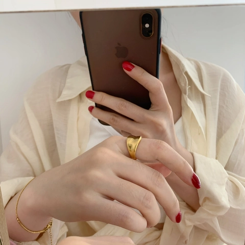 Irregular Geometric Ring Minimalist Polished Stainless Steel Wide Surface Retro High End Jewelry For Women Gold Color