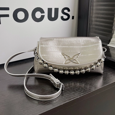 Women Crossbody Bag PU Leather Butterfly Buckle Ball Chain Decor Small Square Flap Shoulder Purse Fashion