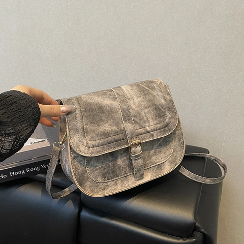 Retro Satteltasche Vintage Waschung Textur PU Leder Klappe Schulter Umhängetasche Mit Verstellbarem Riemen Für Damen