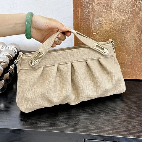 Damen Umhängetasche Mit Falten PU Leder Litschi Muster Mode Schultertasche Goldene Hardware Große Kapazität Elegant
