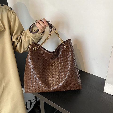 Woven PU Leather Bucket Bag Large Capacity Retro Casual Commute Crossbody With Chain Strap For Women Fashion Handbag