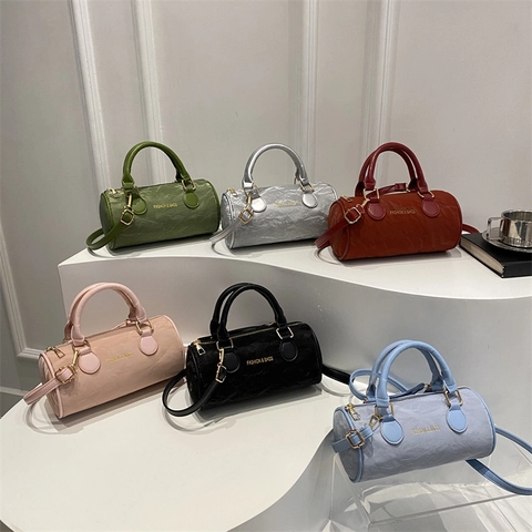 Sac Boston Cylindrique Femmes Cuir PU Texture Plissée Rétro Décontracté Sac Bandoulière Poignée Supérieure