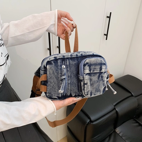 Vintage Washed Denim Chest Bag For Women Men Casual Retro Crossbody Bag Adjustable Webbing Strap Multi Pocket Messenger Fanny Pack