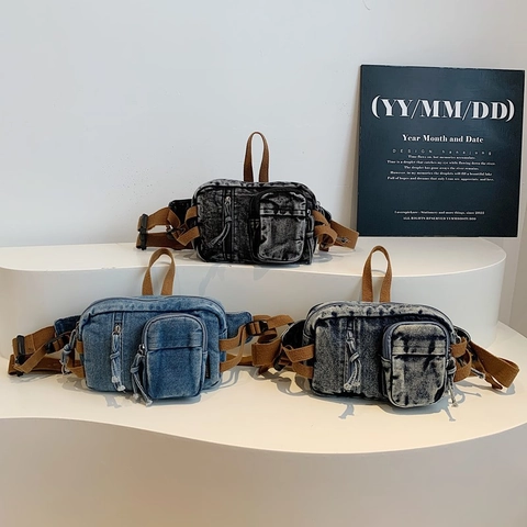 Vintage Washed Denim Chest Bag For Women Men Casual Retro Crossbody Bag Adjustable Webbing Strap Multi Pocket Messenger Fanny Pack
