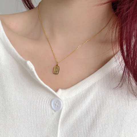 Pendant Necklace Titanium Steel Gold Rectangular Tag Chinese Characters Lucky Fortune Minimalist Clavicle Chain For Women