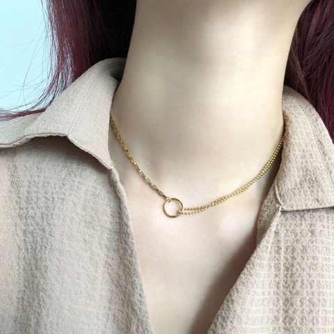 Asymmetric Chain Necklace Titanium Steel Gold Plated Minimalist Geometric Ring Pendant Mixed Box And Ball Chain For Women
