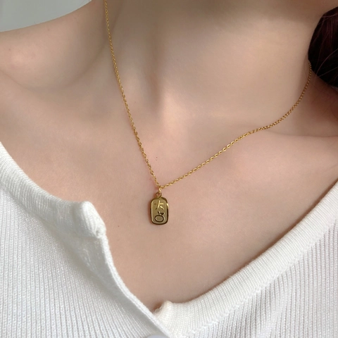 Pendant Necklace Titanium Steel Gold Rectangular Tag Chinese Characters Lucky Fortune Minimalist Clavicle Chain For Women