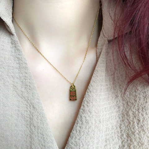 Collana Caratteri Cinesi Fortuna Benedizione Acciaio Al Titanio Placcato Oro Pendente Rettangolare Gioielli Cinesi