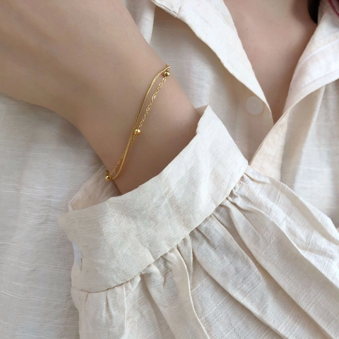 Pulsera De Doble Capa Chapada En Oro Acero Inoxidable Cadena De Serpiente Cuentas Minimalista Para Mujer