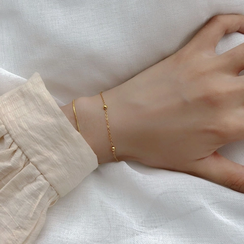 Pulsera De Doble Capa Chapada En Oro Acero Inoxidable Cadena De Serpiente Cuentas Minimalista Para Mujer