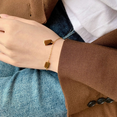 Minimalist Titanium Steel Bracelet For Women Gold Plated Smooth Square Tags Geometric Link Chain Fashion Jewelry