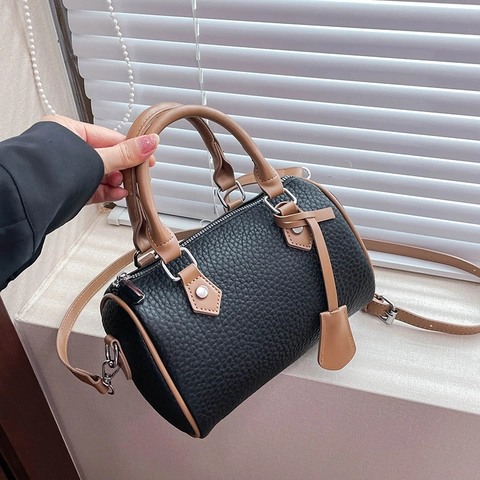 Bolso Boston Para Mujer Color En Contraste Patrón Lychee Bolso De Mano Cuero PU Con Asas Y Correa Ajustable